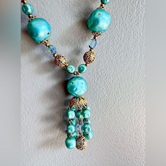Vintage Necklace AB Crystals Faux Blue Pearls & Gold Beads With Tassel End 5389 - Picture 5 of 11